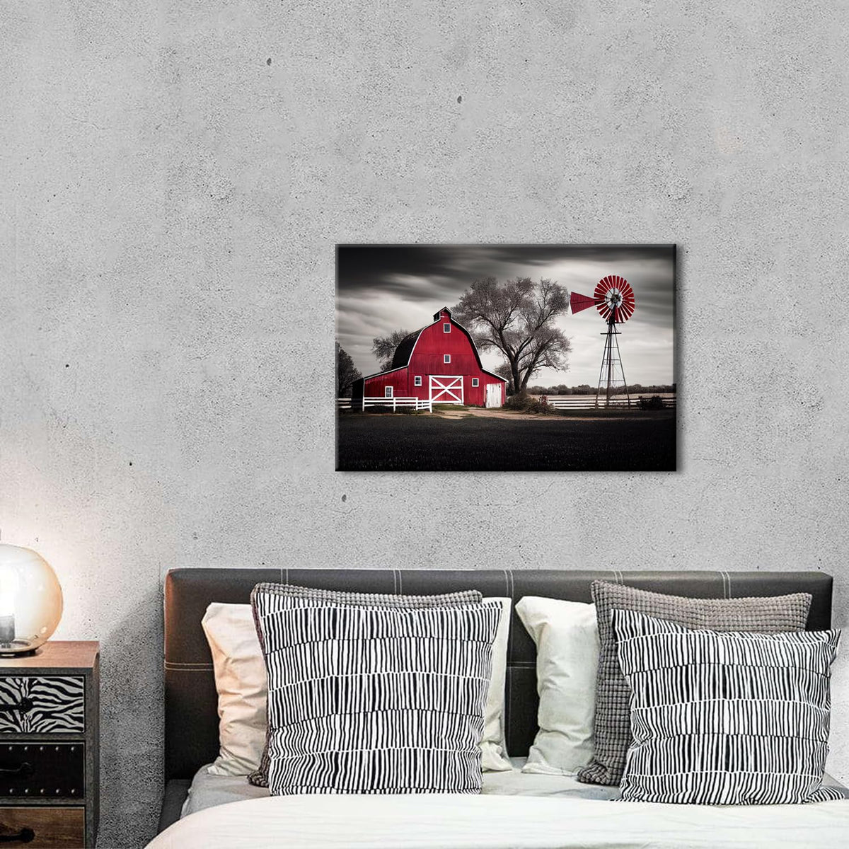 Farmhouse Barn Wall Art Red Barn Windmill Canvas Print Rustic Country Landscape Black White Vintage Farmhouse Artwork for Living Room Bedroom Kitchen Dining Room Office Home Decor 12x16 Inch (16"L x 12"W / Red Bran)