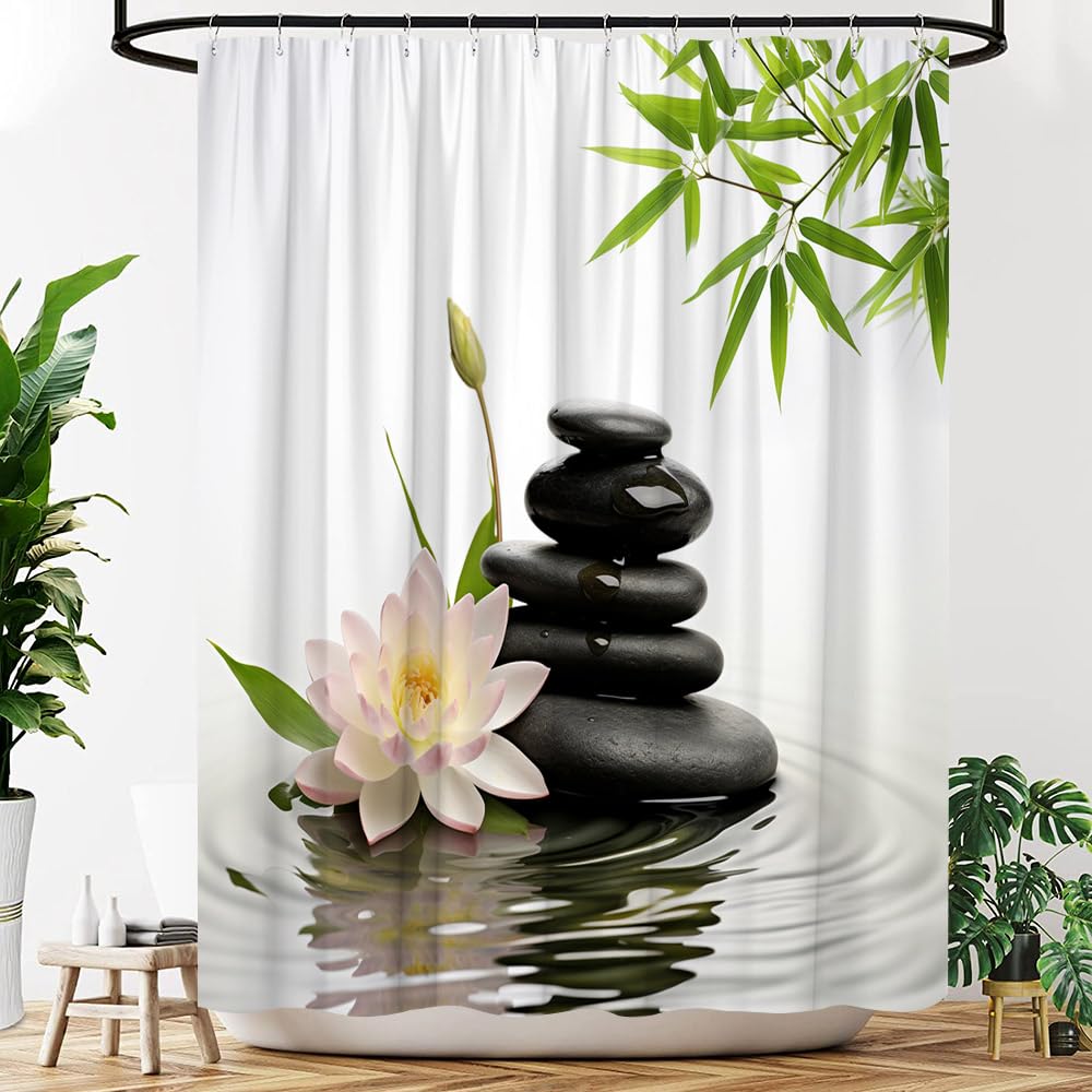 Japanese Shower Curtain Zen Stone Spa Lotus Floral Bamboo Leaves Meditation Relaxing Aesthetic Minimalist Fabric Bathroom Decor Curtains with Hooks (Black White / 35"W x 70"L (Pack of 1))