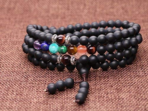 108 Japa Mala 7 Chakra Onyx Stone Wrap Bracelet Necklace (Matte Onyx)