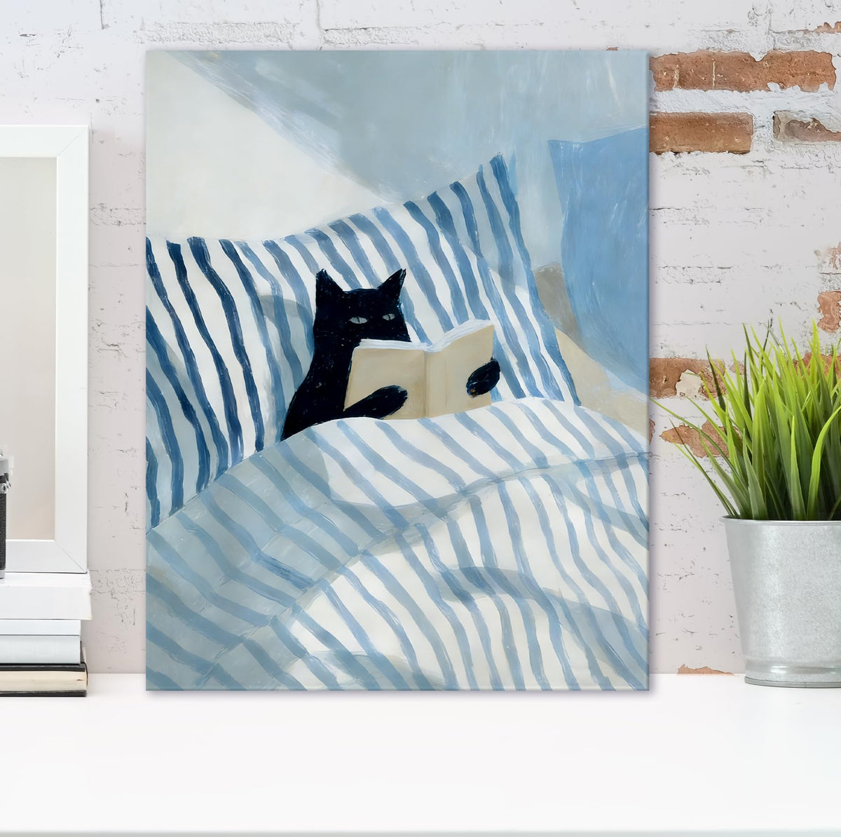 Black Cat Reading Book Wall Art Decor 11x14 Inches (Black Cat Reading Book)