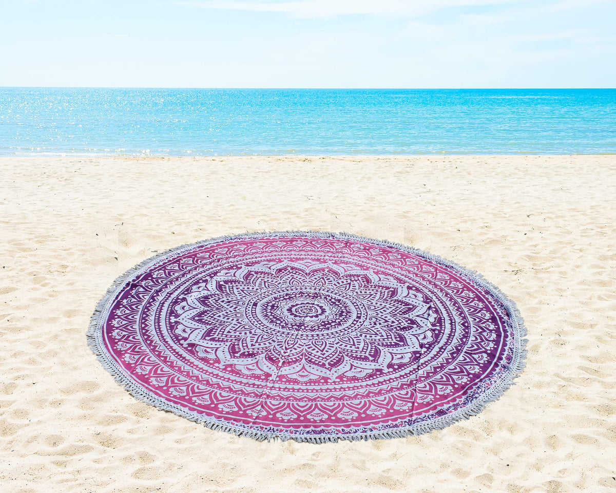 Round Beach Tapestry Turquoise Mandala Throw (5'10" (Round) / Pink and White)