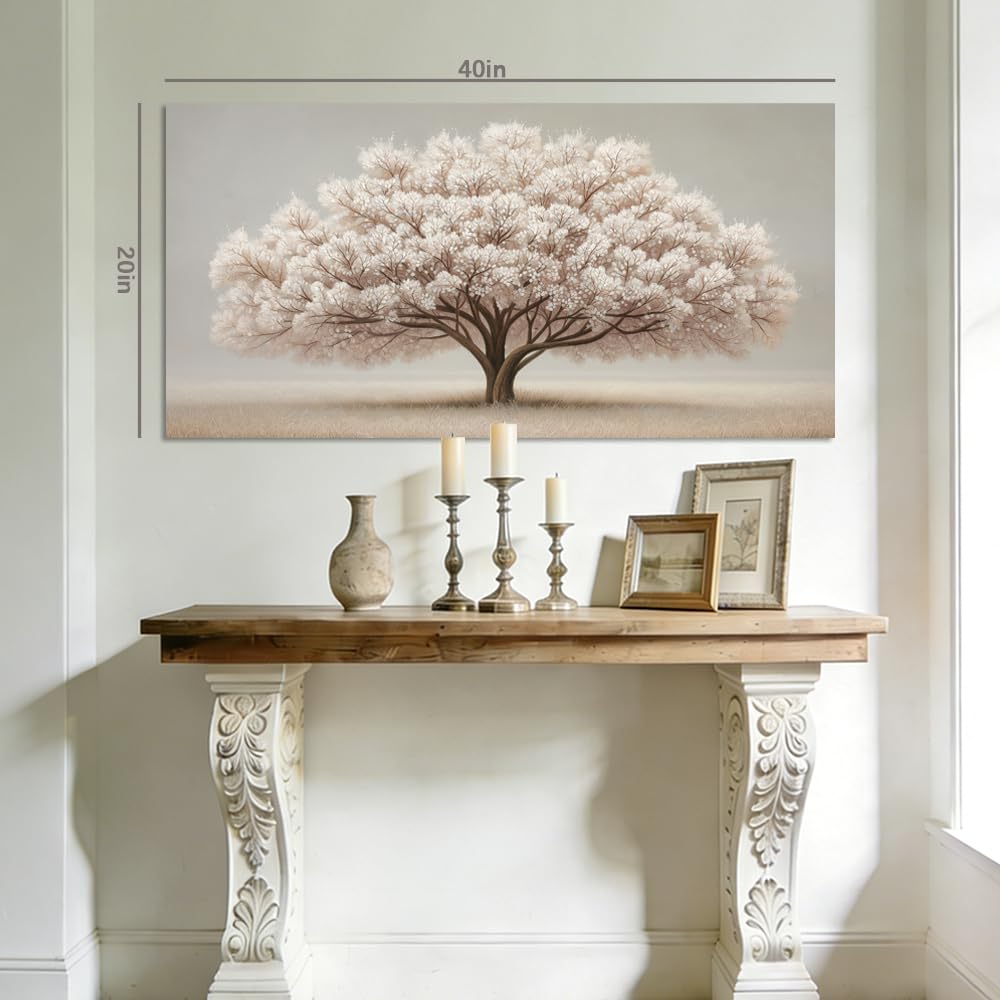 Neutral White Blossom Tree Canvas Wall Art Serene Minimalist Landscape Painting Flat Print Gallery Wrapped Artwork for Living Room Bedroom Bathroom Decor (Retro / Flowering Tree 33 / 58"L x 28"W)
