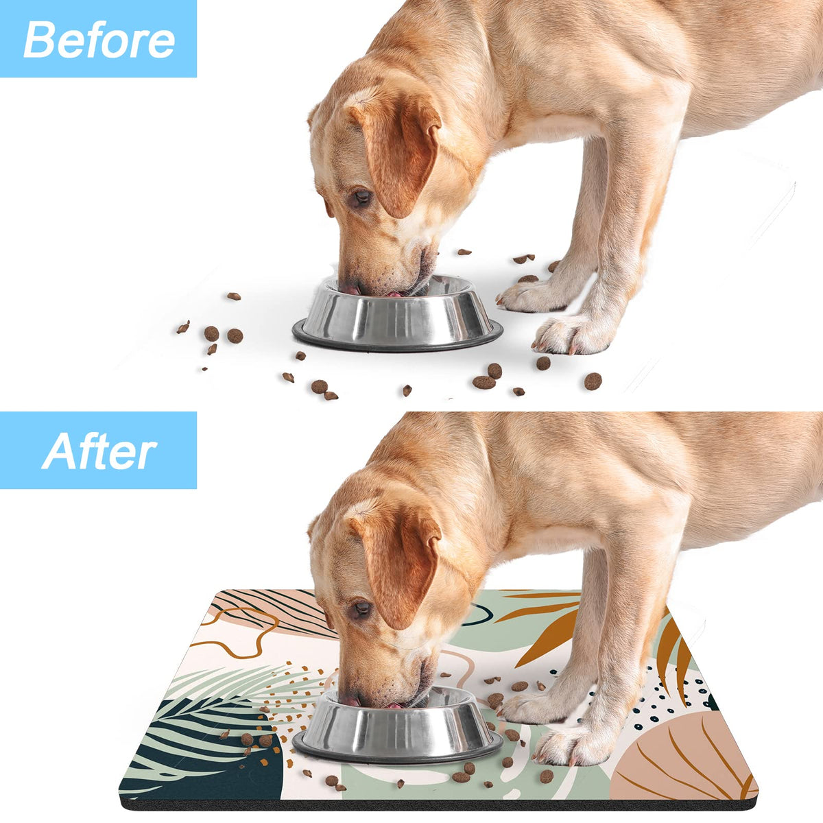 Dog Food Mat 12" x 19" Boho Absorbent Dog Cat Bowl Mat for Food and Water (Boho Tropical Leaves / 12"L x 19"W)