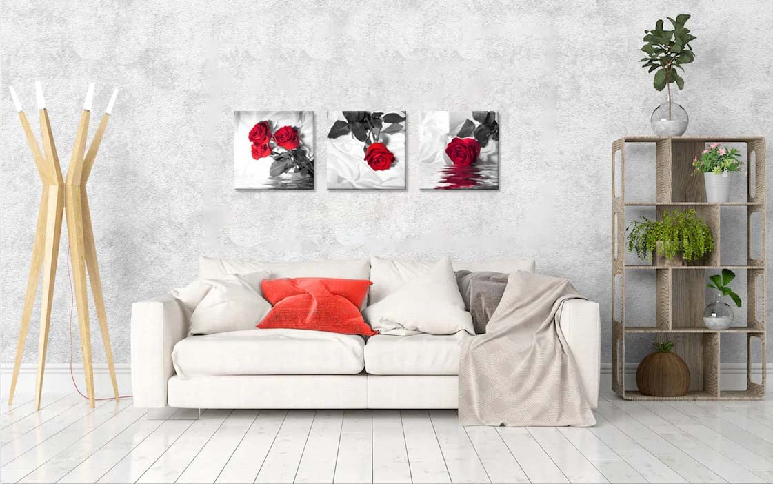 Canvas Print 3 Pcs Red Rose Wall Decor Black and White Abstract Wall Art for Modern Home Decor for Living Room Stretched and Framed Flower Picture on Canvas (16 x 16 inches (3-Piece Set) / Red Rose)