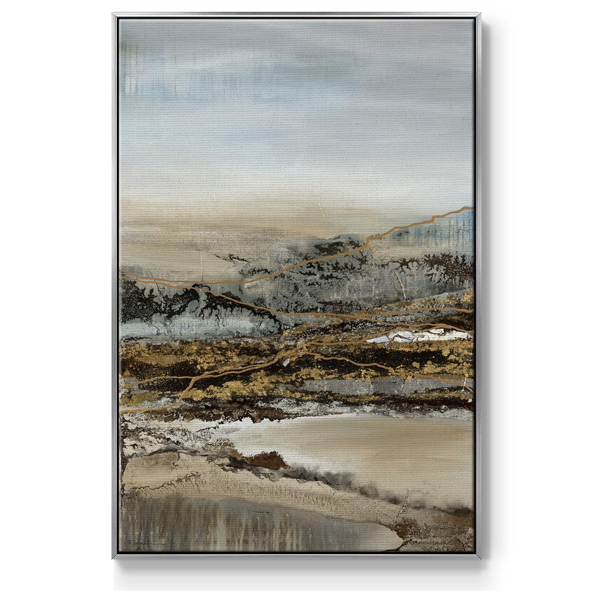 Abstract Wall Art Silver Floater Frame Prints Annual Journey through the Mountains Path Canvas Paintings for Office Bedroom Kitchen Walls (37"L x 25"W / Annual Journey)