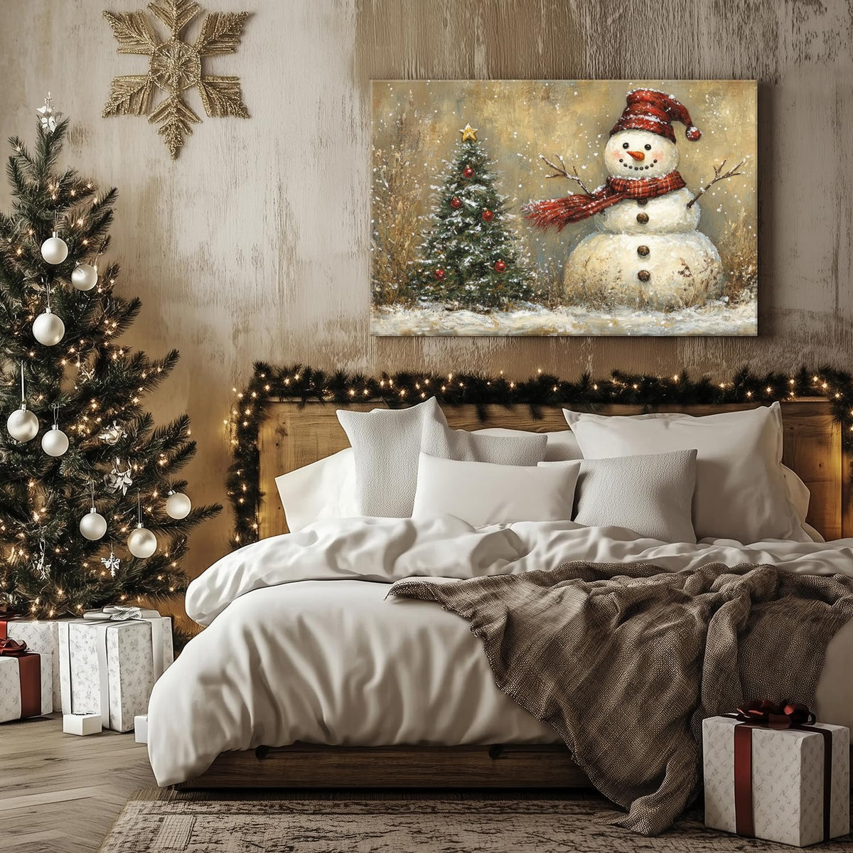 Christmas Poster Wall Art Living Room Bedroom Vintage Winter Snowy Landscape Wall Decor Farmhouse Christmas Seasonal Tree Framed Canvas Snowman Artwork Print Festival Pictures Home Decoration 24x36 (36"L x 24"W / Snowman Tree)