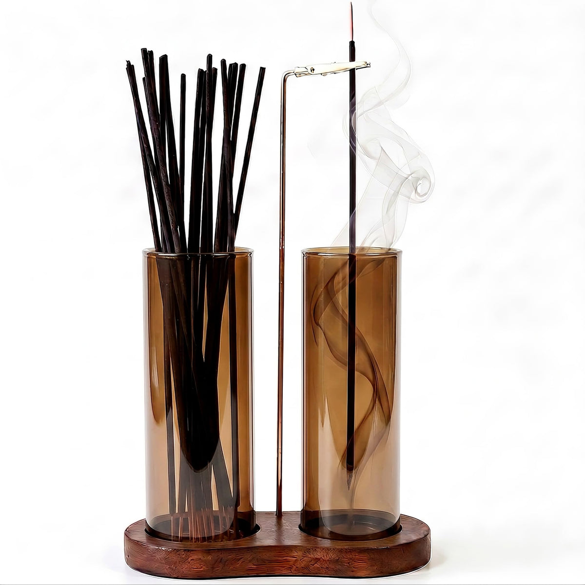 Incense Holder for Sticks Upside Down Hanging Incense Burner with Removable Glass Ash Catcher and Wooden Base (Brown)