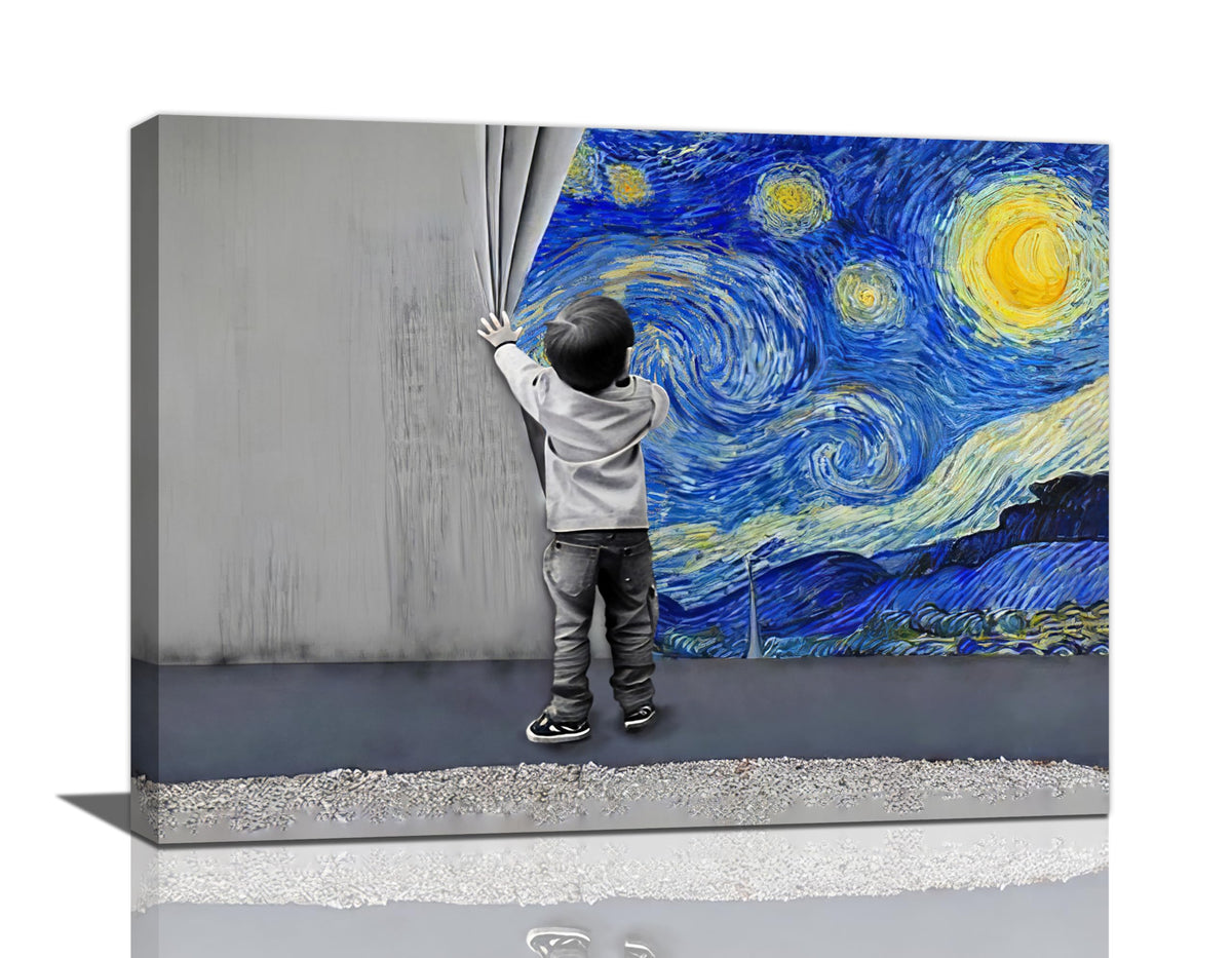 Banksy Wall Art Boys Starry Night Street Graffiti Pictures Wall Decor Kids Canvas Painting Pop Home Modern Artwork Decorations Framed for Living Room Bedroom Bathroom Office 24 x 20 inch (24"L x 20"W / Boy)