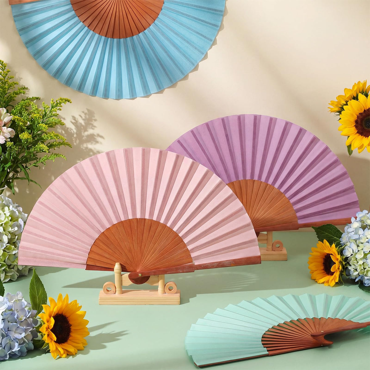 4 Pcs Silk Handheld Folding Fan Women Wood Spanish Fan (Morandi Color)