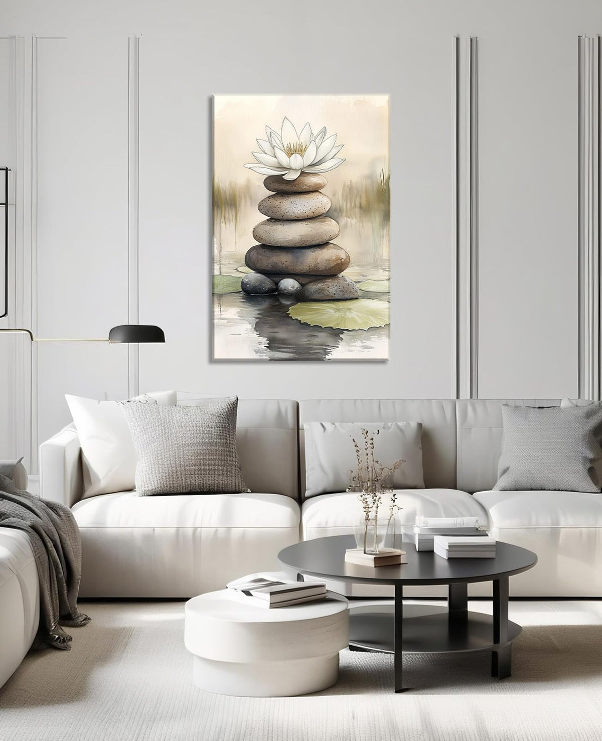 Large Zen Wall Art Lotus with Spa Stones Picture Watercolor Painting Meditation Canvas Prints Spiritual Room Bathroom Living Room Office Wall Decor Framed (42"L x 28"W / K - Lotus)