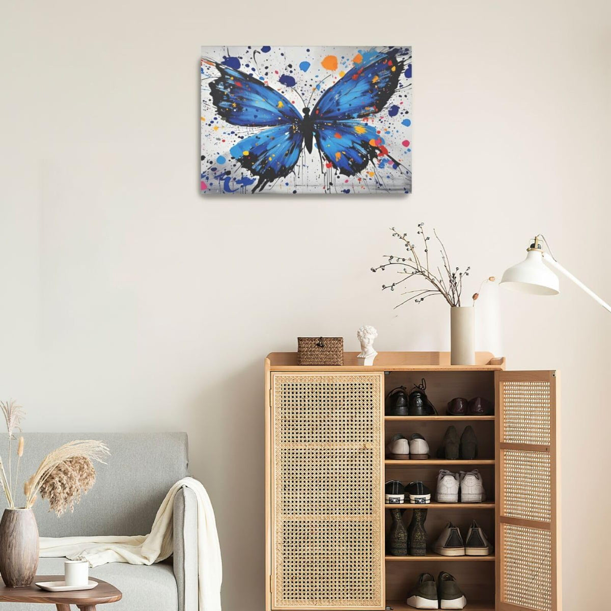 Banksy Butterfly Wall Art Blue Butterfly Street Art Graffiti Wall Decor Pictures Painting Canvas Artwork Framed Decoration Gifts for Women Girl Living Room Bedroom Office 16"x24" (butterfly / 24L"×16W")