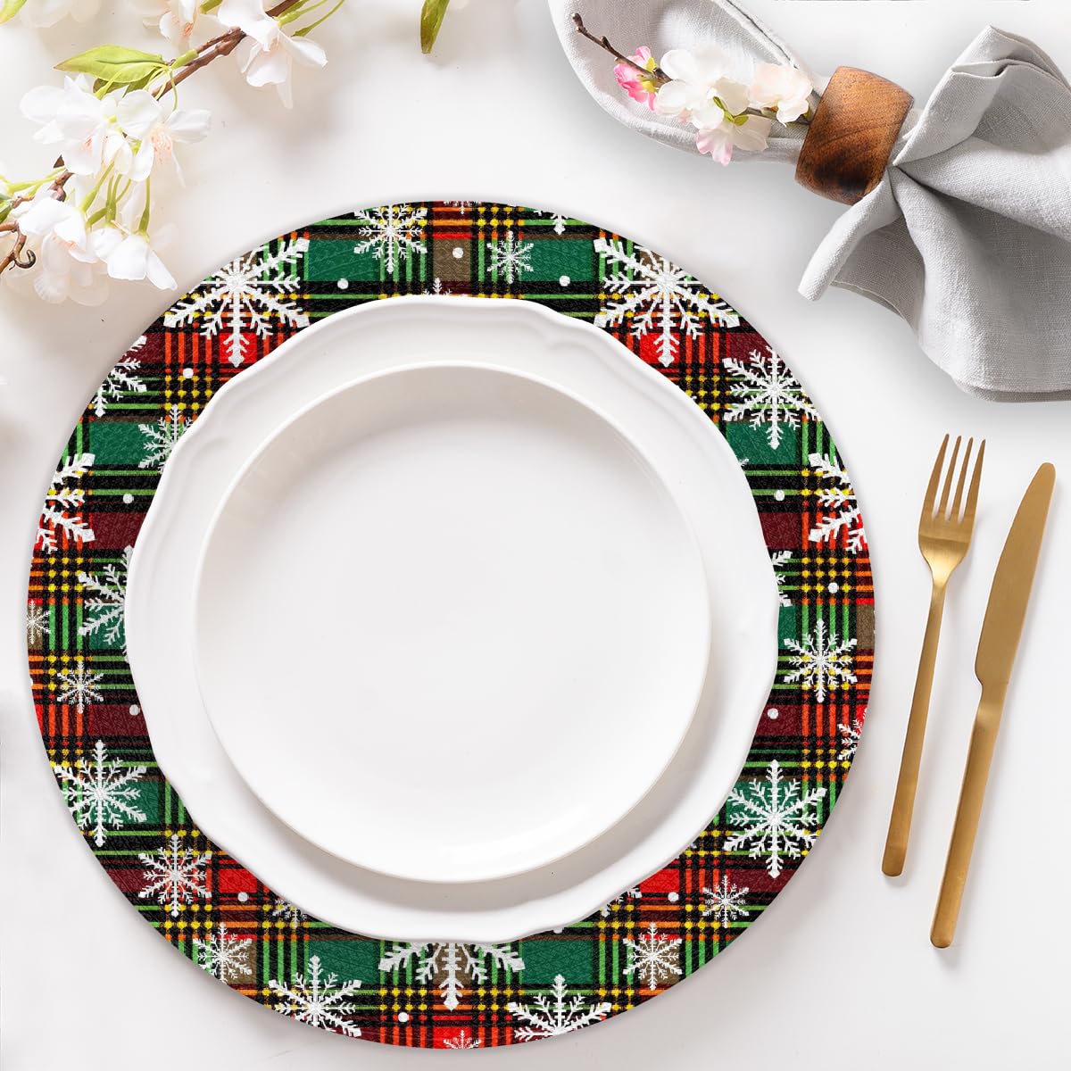 Christmas Plaid Woven Placemats Round Placemats Set of 6 for Festival Party (C 008 / 6 pieces)