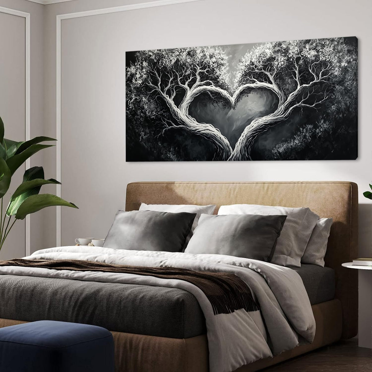 White Oil Painting Heart Tree Wall Art for Living Room Office Romantic Art Love Symbol Painting Prints Vintage Canvas Artwork Dining Bedroom Decor Extra Large (Contemporary / Black White Heart Tree Wall Art / 58"L x 28"W)