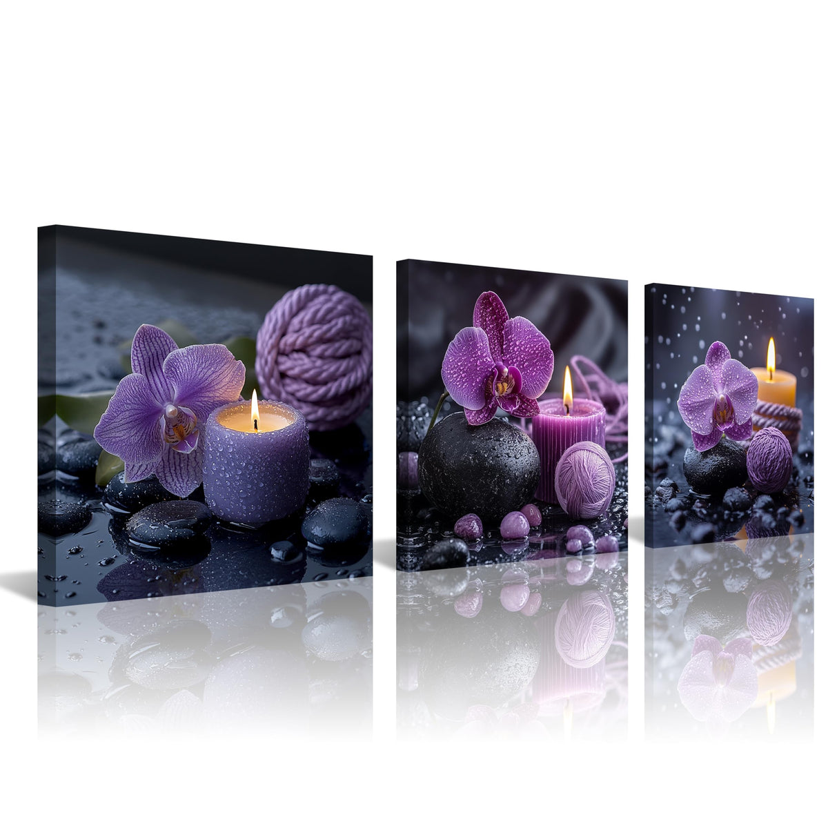 3PCS Purple Orchid Candle Canvas Wall Art Zen Spa Decor Black Stones Water Droplets Relaxing Purple Aesthetic Tranquil Meditation Artwork for Bedrooms Living Rooms Bathrooms Wellness Spaces (20X20inchX3pcs / Purple Orchid Candle)