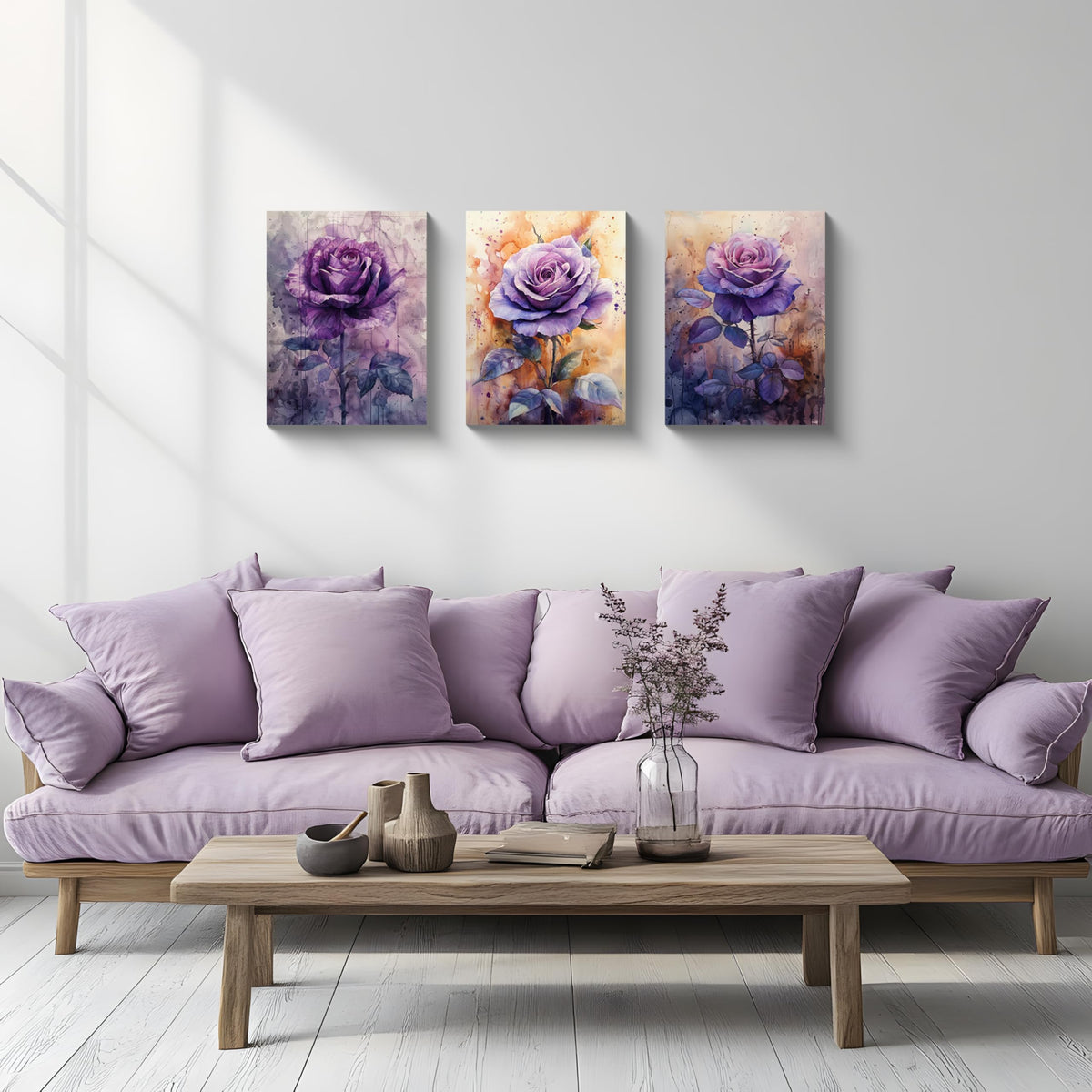3PCS Purple Rose Watercolor Canvas Wall Art Floral Botanical Violet Rose Flower Bloom Romantic Modern Home Decor for Bedroom Living Room Bathroom or Office Artistic Garden Style Wall Deco (12 x 16 inches (3-Piece Set) / Purple Rose-2)