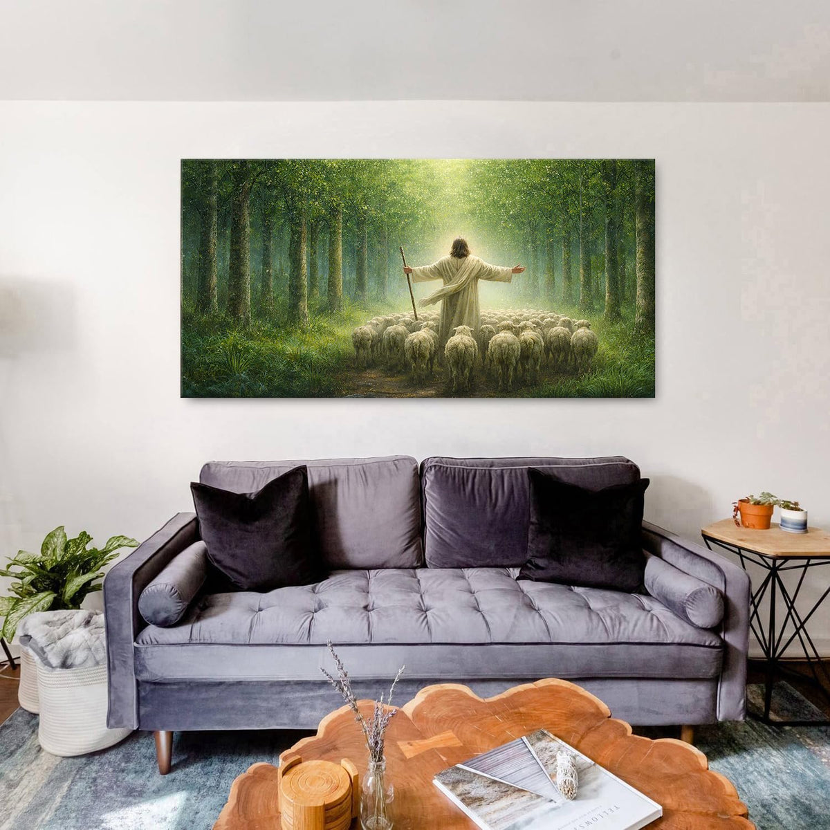 Big Christian Canvas Wall Art Jesus and Lamb Wall Decor Good Shepherd Jesus Picture Prints Jesus Walking in Forest Painting Serene Nature Poster Artwork for Living Room Bedroom Decorations 30x60” (60"L x 30"W / Jesus Forest)