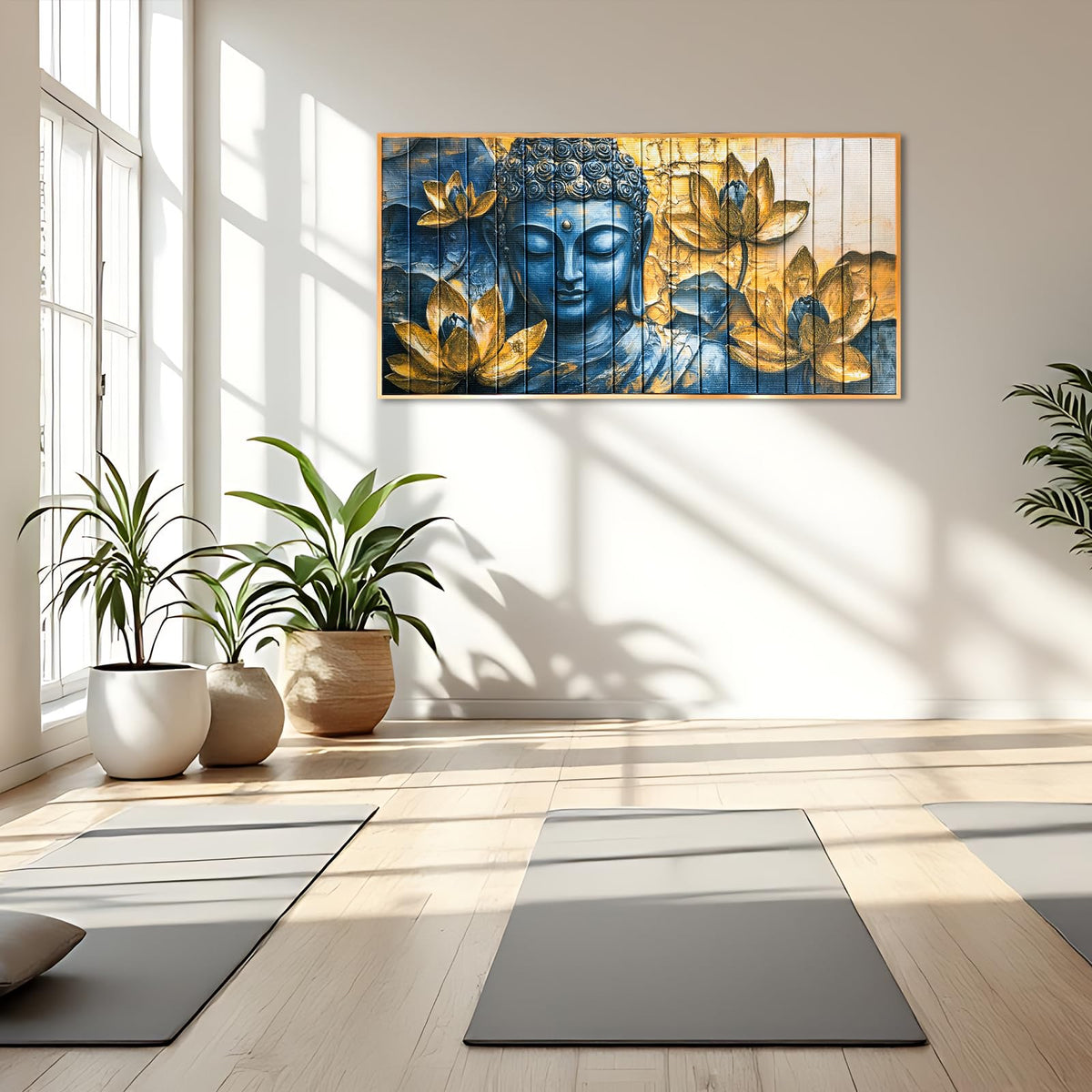 Vintage Buddha Wall Art Zen Lotus Flowers Canvas Ribbon Pictures Inspirational Wall Decor Handmade 3D Woven Textured for Buddhism Room Bathroom Bedroom Living Room Home Decor 24" x 48" (Gold / 48"L x 24"W)