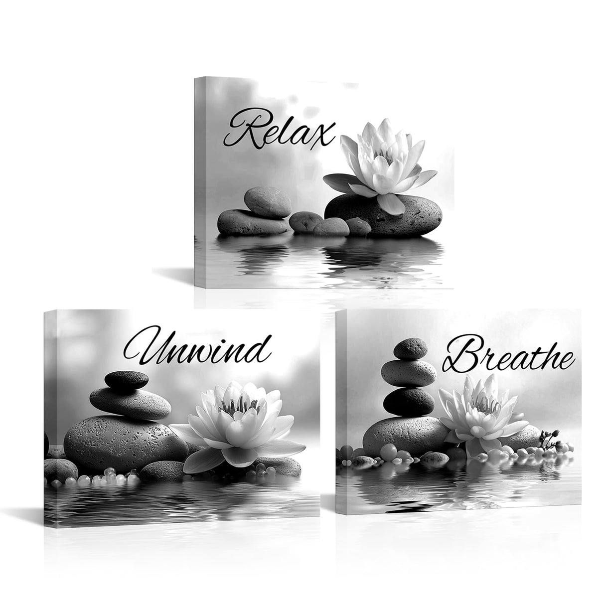 Zen Spa Wall Decor Grey Bathroom Art Pictures Set Relax Unwind Breathe Canvas Art with Lotus Flower Painting Prints Framed 12x16 inches each panel (Grey)