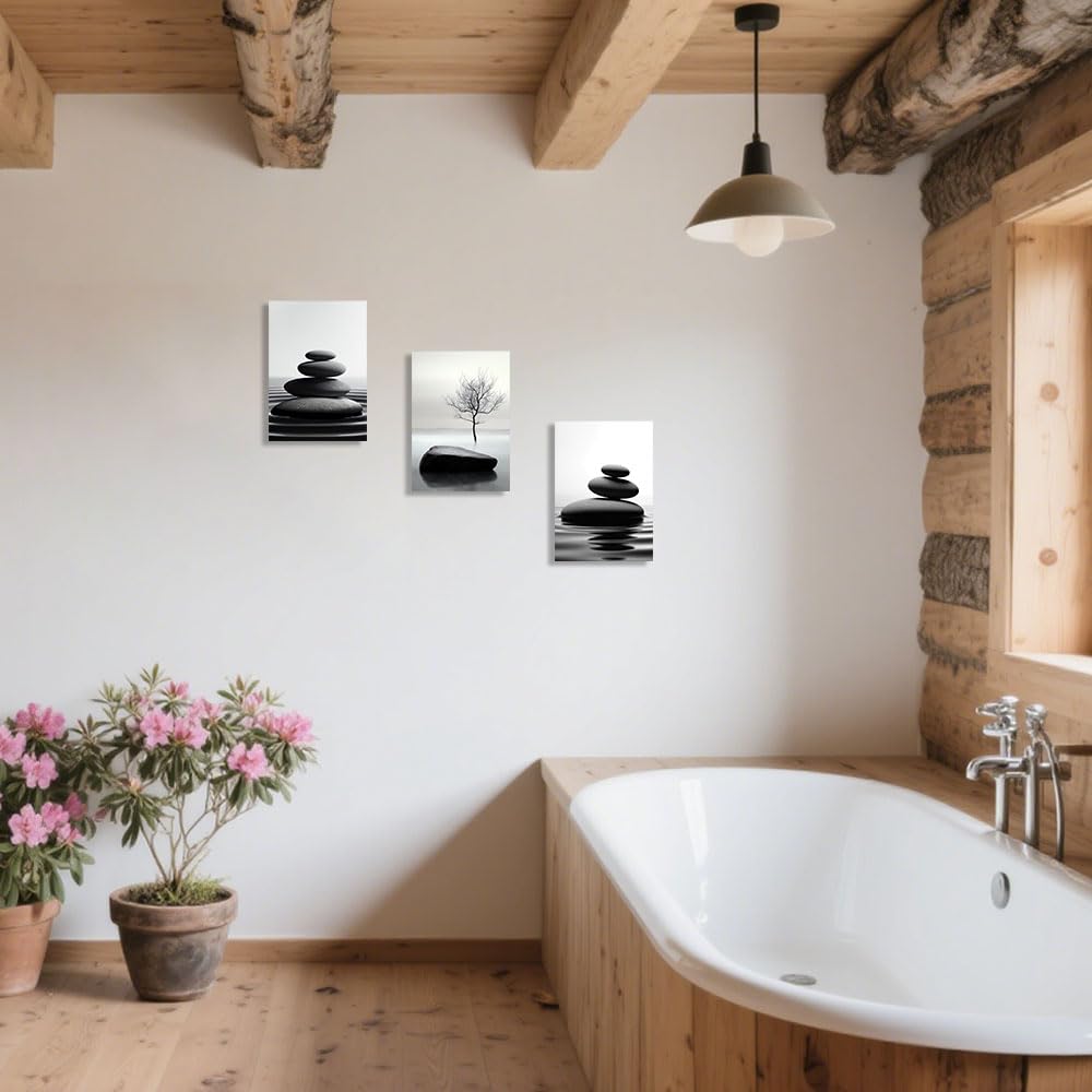 3PCS Zen Stones Canvas Wall Art Black and White Zen Stone Painting Calming Meditation Wall Decor for Yoga Studio Office Spa Bathroom (white / 24W"x36L"x3)