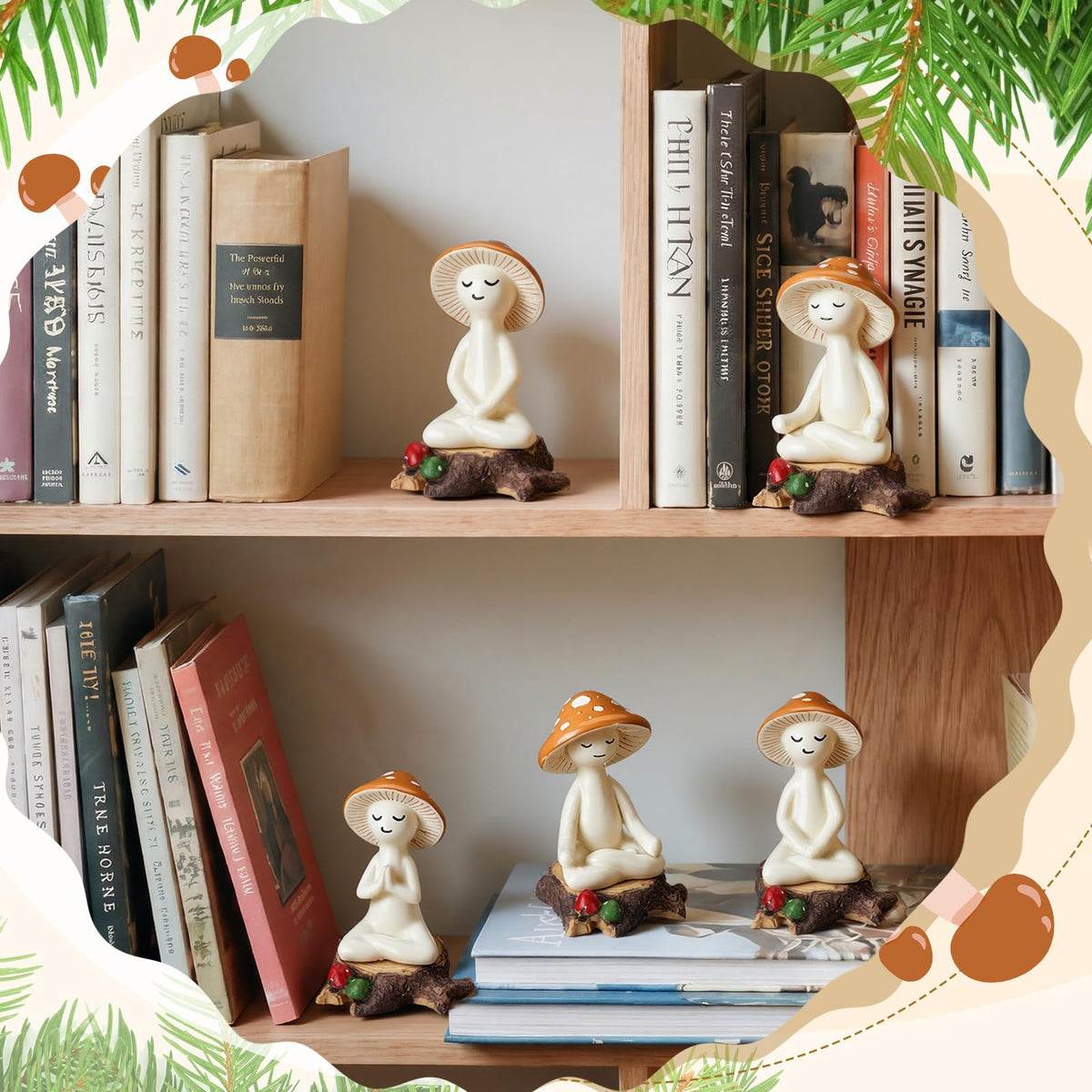 3 Pcs Meditation Mushroom Statue with Stump Resin Figurine (Mushroom with Stump)
