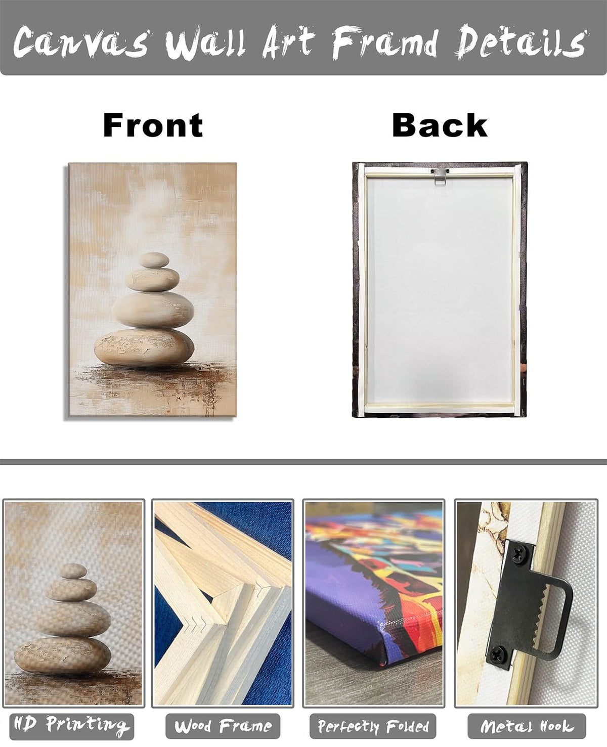 Zen Canvas Wall Art Spa Stones Picture Wall Decor Framed Meditation & Calm Painting Minimalist Prints Spiritual Room Living Room Bathroom Ready to Hang (30"L x 20"W / O - Tan)