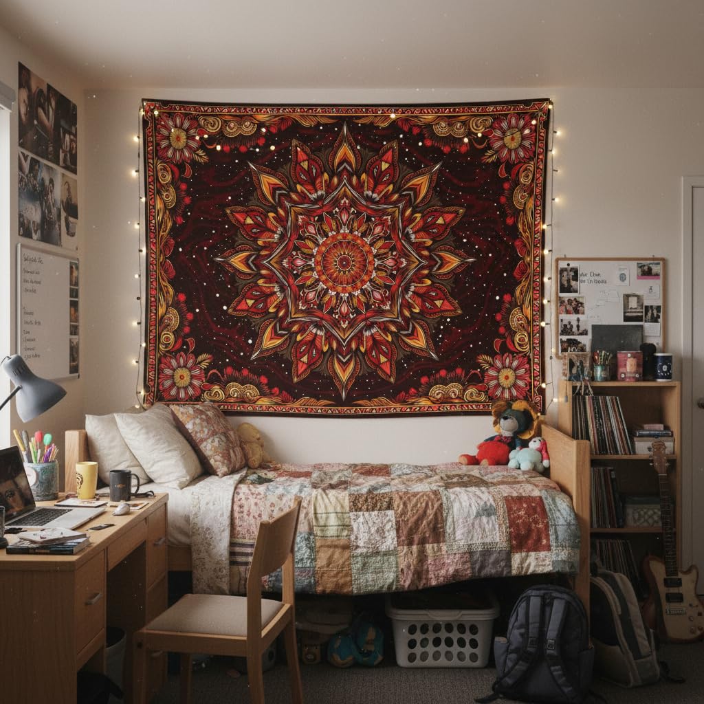 Mandala Floral Tapestry Wall Hanging Boho Red Orange Tapestry Aesthetic Hippie Vintage Bohemian Flower Indian Cute Small Tapestries for Bedroom Living Room Dorm Decor 48 x 36 Inch (Bohemian / Red Orange / 48"L x 36"W)