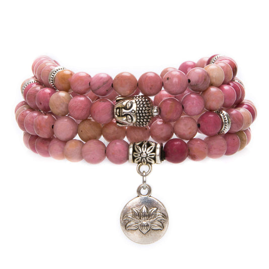 108 Mala Beads Necklace Beaded Wrap Bracelets Genuine Gemstone Mala Prayer Beads Lotus Charm Yoga Meditation Necklace (Rhodochrosite-Lotus OM-Buddha)