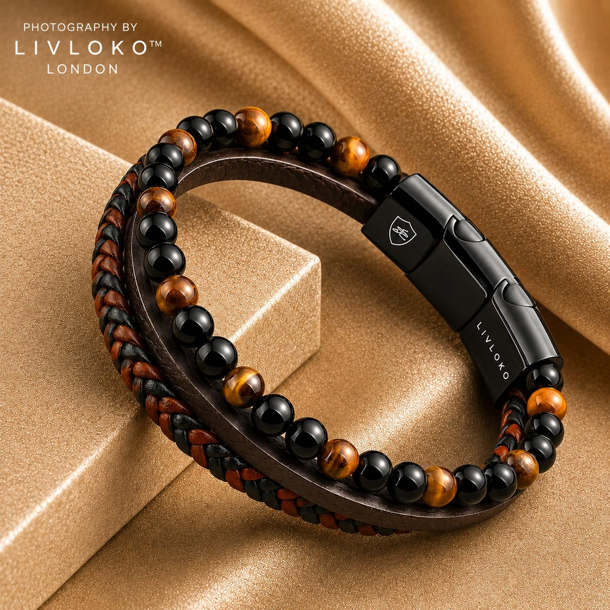 Mens Bracelet Leather Black Multi (B. Black Brown Tiger-Eye Adjustable / 8.75 IN)