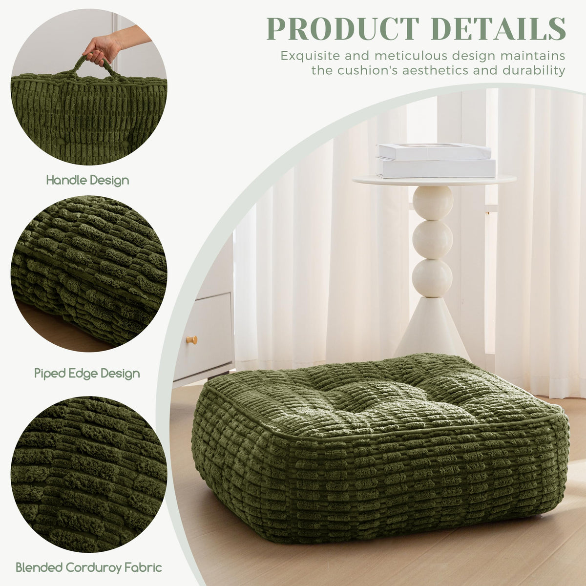 8" Floor Pillow Cushion for Adults (Square Dark Green / 8" Thick(Pack of 1))