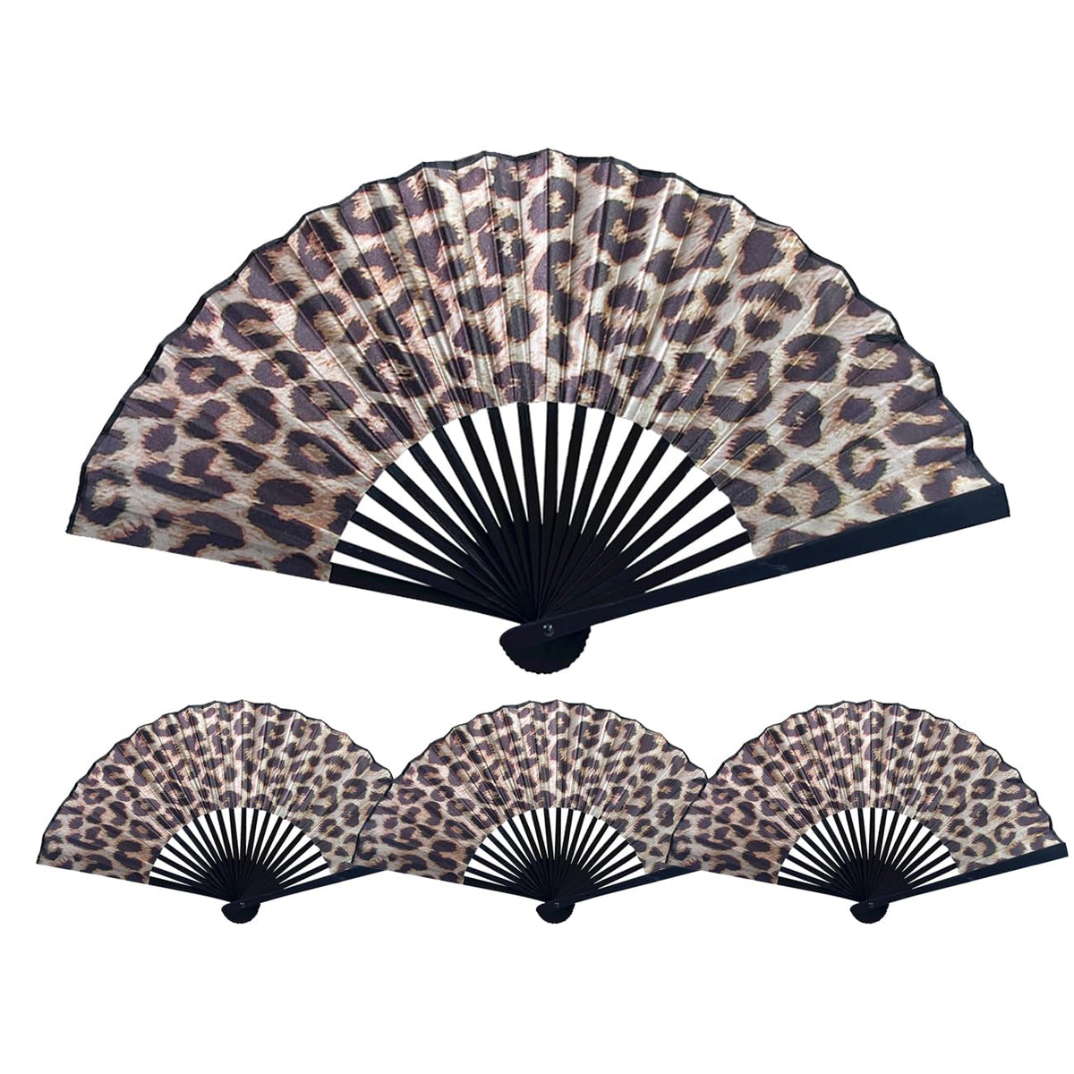 4 pcs Leopard Print Hand Portable Fan Handheld Bamboo Fans Elegant Retro Fan Home Dancing Party Wedding Silk Bamboo (Multicoloured-9)