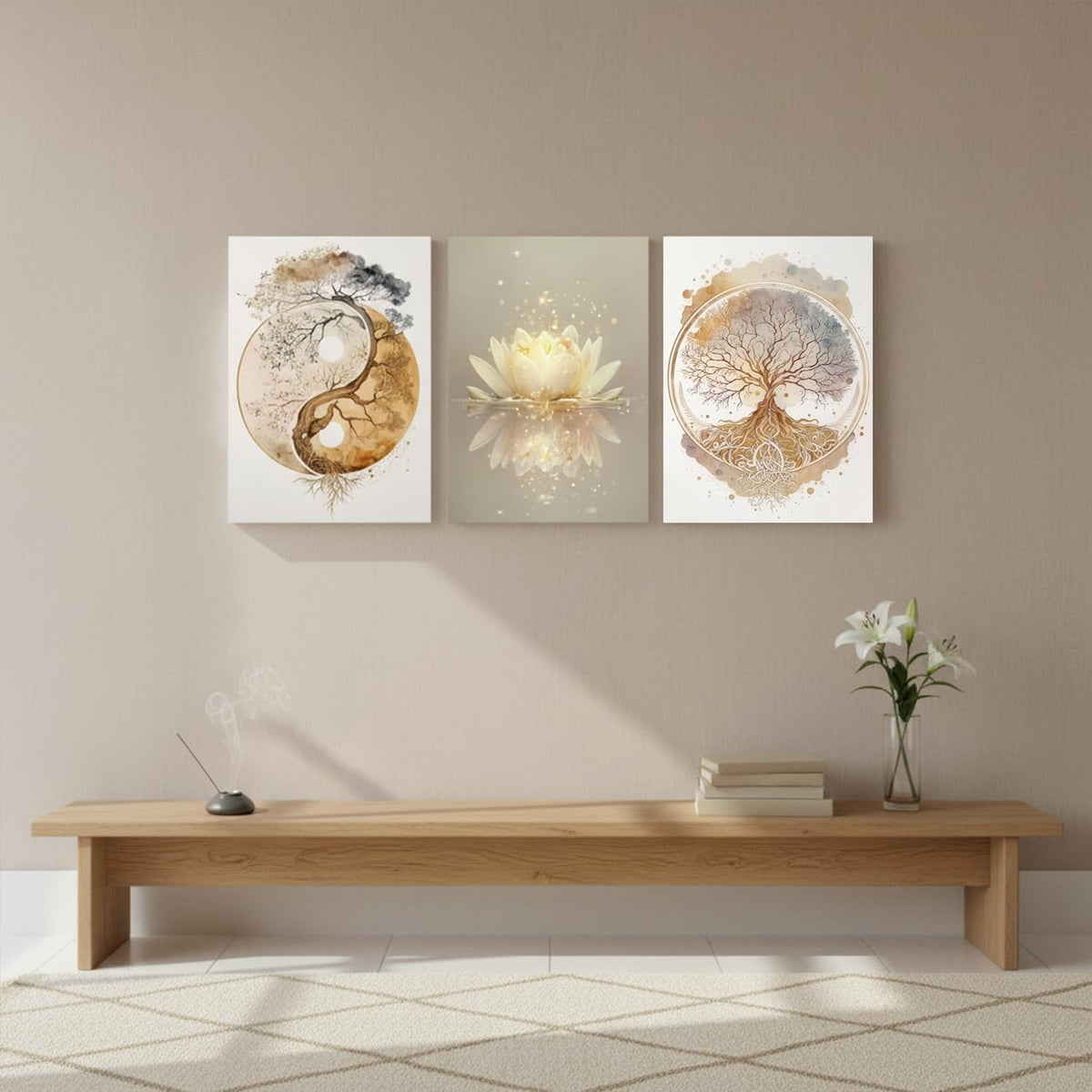 Tree of Life Wall Art Canvas Framed Set of 3 Lotus Zen Wall Decor Painting Poster Abstract YinYang Fall Art Picture Print Artwork for Living Room Yoga Room Bedroom Home Decoration 16x24 inch (Tree Canvas A / 24L"x16W")