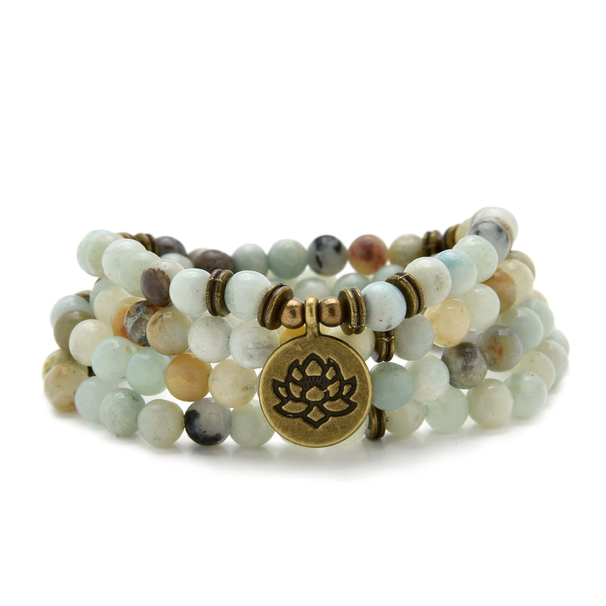 108 Healing Mala Beads Bracelet or Necklace with Gold Lotus Charm (Amazonite)