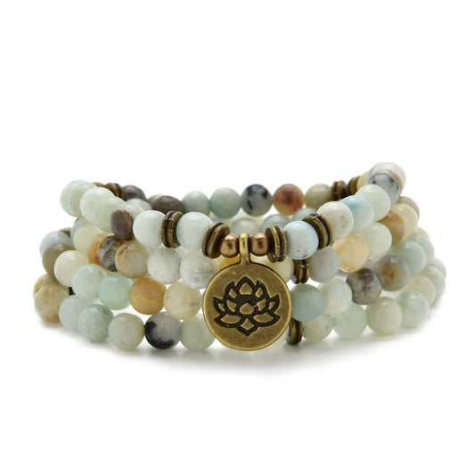 108 Healing Mala Beads Bracelet or Necklace with Gold Lotus Charm (Amazonite)