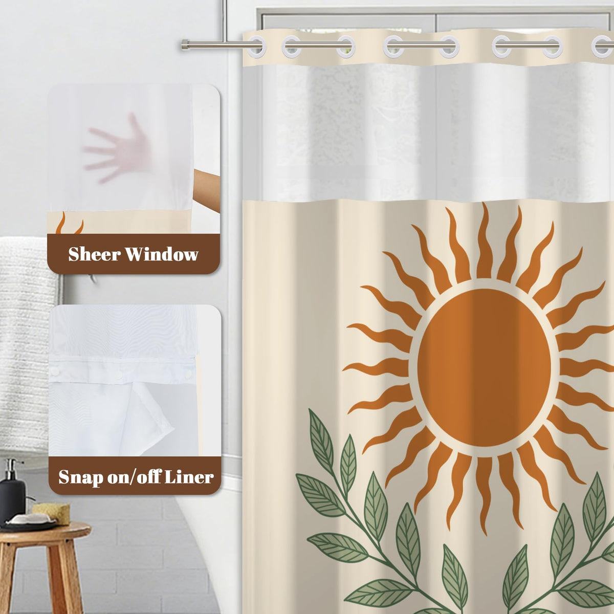 No Hook Boho Shower Curtain with Snap in Removable Liner (Sun and Leaf)