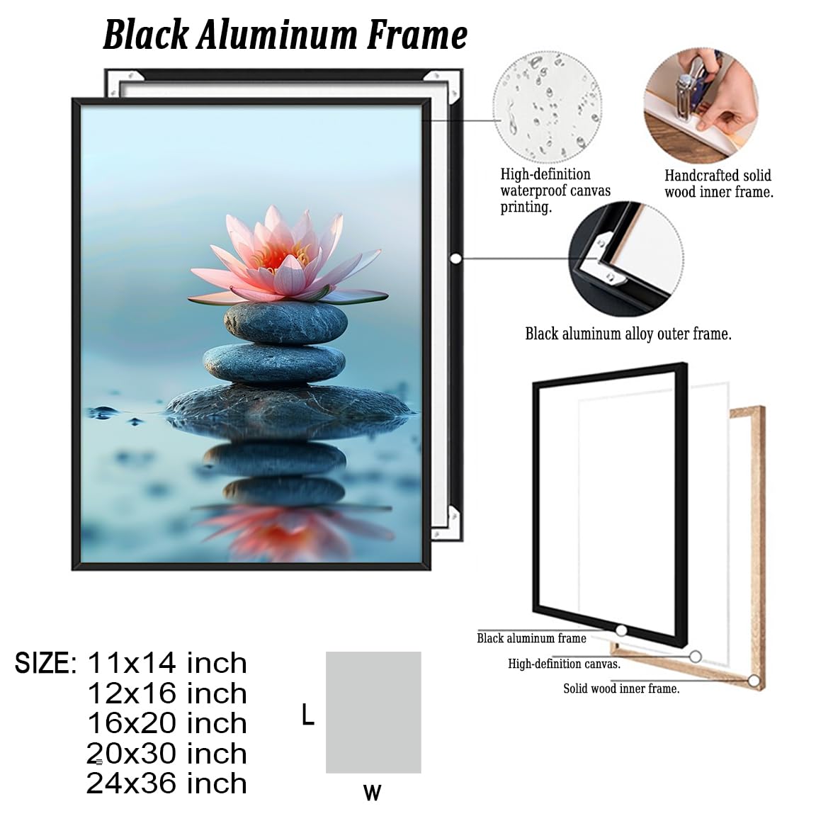 Zen Lotus Flower and Stones Wall Art (Black Aluminum Frame-8 / 16"L x 20"W)