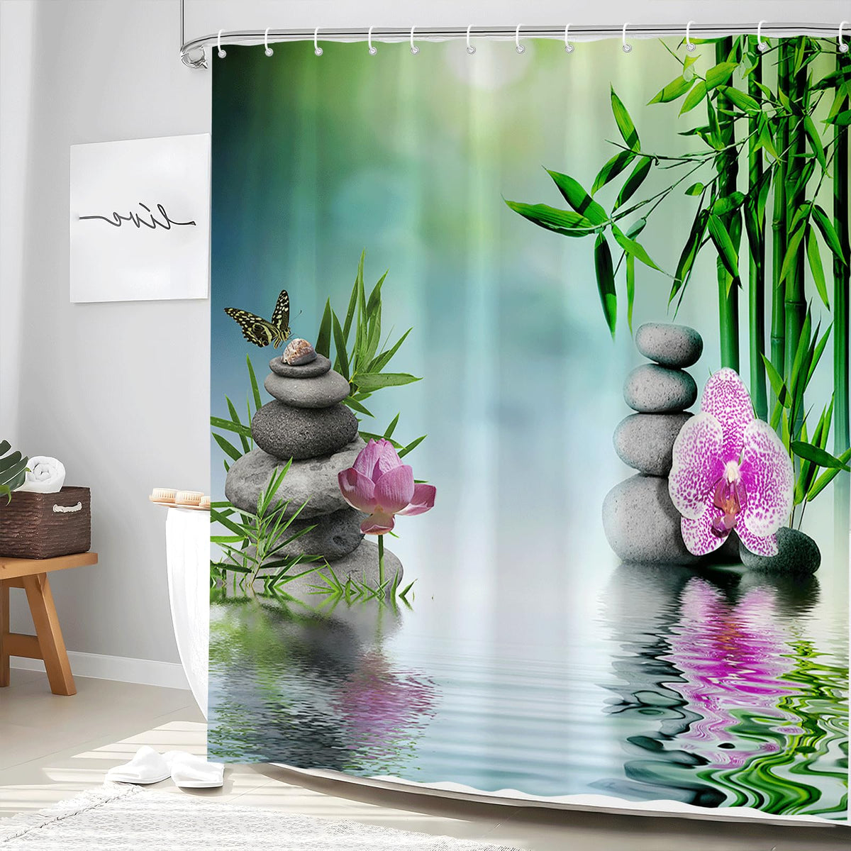 Zen Shower Curtain Green Leaf Floral Purple Flower Butterfly Lotus Black Stone Japanese Garden Relax Meditate Spring Nature Theme Rustic Polyester Curtains Bathroom Decor Set with Hooks 70Wx84H Inch (Green / 70"W x 84"L (Pack of 1))