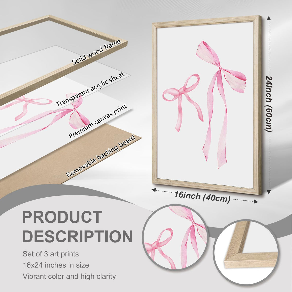 Pink Bow Floral Wall Art Preppy Aesthetic Canvas Wall Decor Trendy Coquette Posters Pink Bow Pictures Chinoiserie Flower Prints Painting for Girls Dorm College Apartment 16x24 Inch Framed Set of 3 (Pink Art / 16x24 Inch Wood Framed)