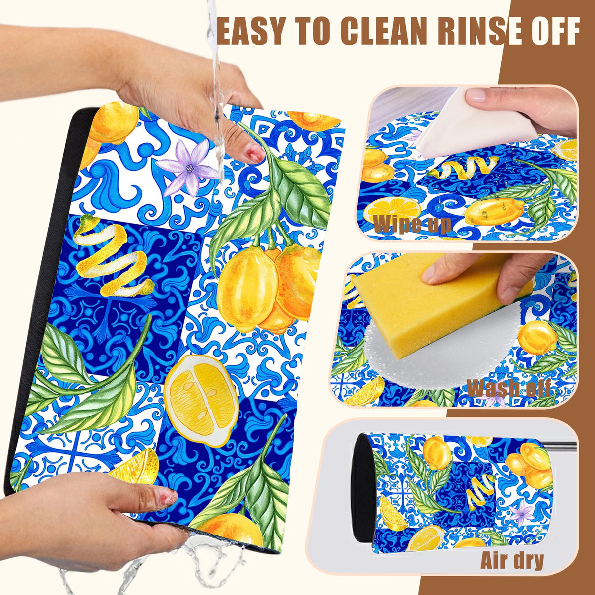 Lemon and Blue Tile Dish Drying Mat for Kitchen Counter Coffee Bar Mat Hide Stain Absorbent Rubber Backed Drying Rack Pad Espresso Machine Coffee Bar Accessories 11.8 x 19.7 Inch (11.8" x 11.8")