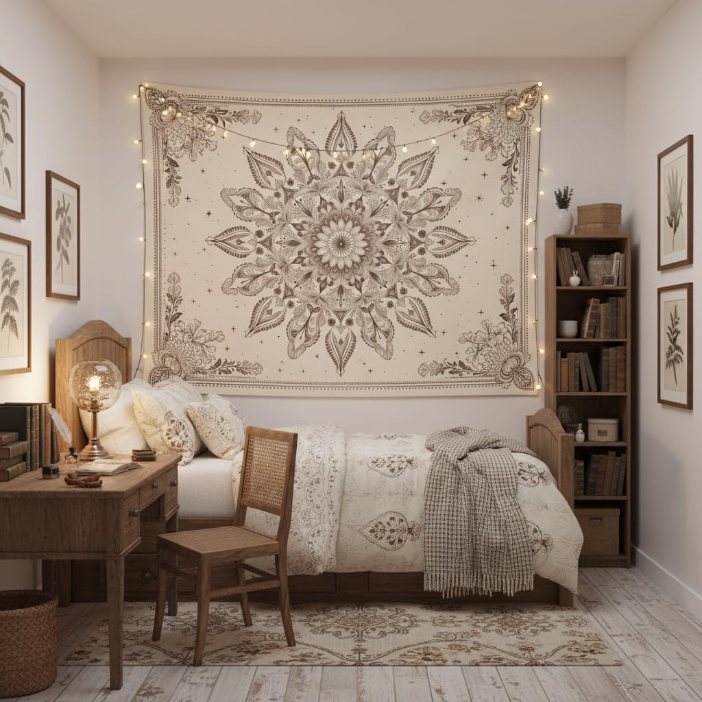 Floral Mandala Tapestry Wall Hanging Boho Beige Tapestry Aesthetic Bohemian Flower Cute Small Tapestries for Bedroom Living Room Dorm Wall Decor 60 x 44 Inch (Bohemian / Beige White / 60"L x 44"W)