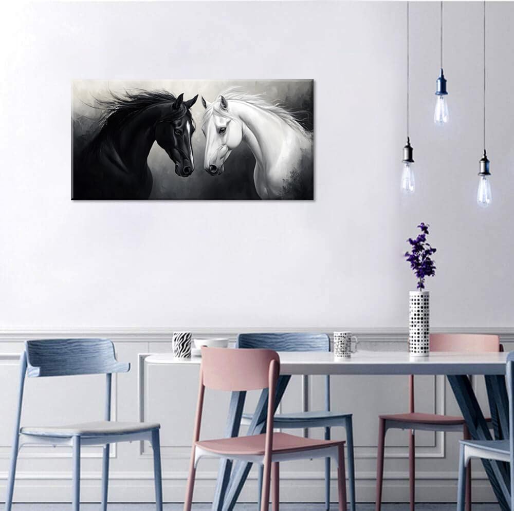 Multicolor Oil Painting Two Horses Wall Art for Living Room Office Classical Art Equine Portrait Painting Prints Vintage Canvas Artwork Dining Bedroom Decor Large (Abstract / Black White Two Horses Wall Art / 46"L x 23"W)