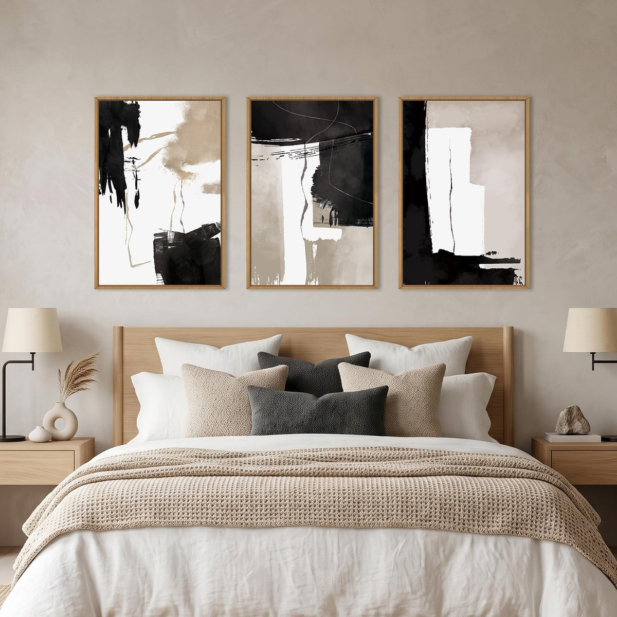 Abstract Black White Brown Framed Canvas Wall Art Set (Black and Brown Wall Art / 16"L x 24"W)