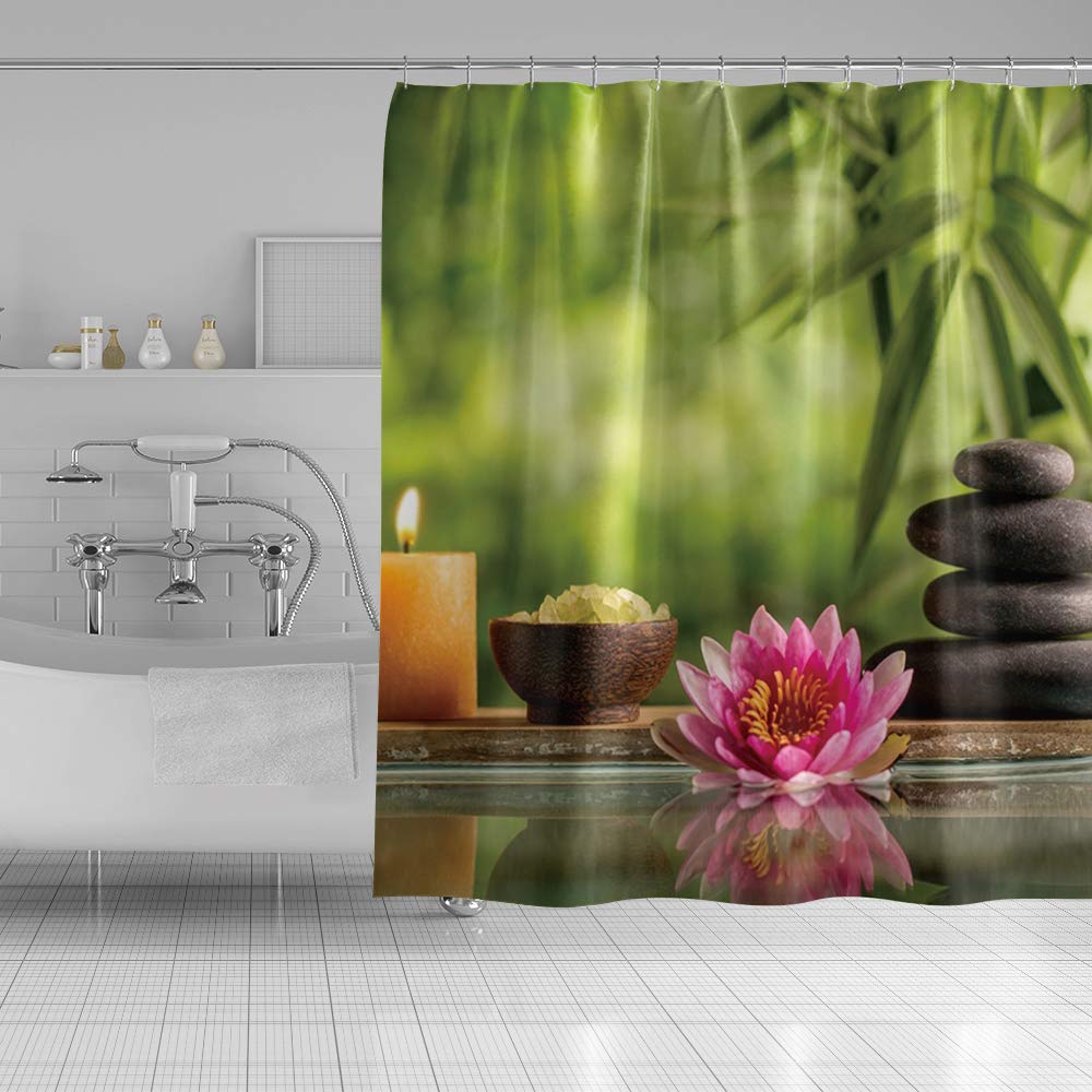 Spa Shower Curtain Pink Lotus Candle Black Stones Calm Relaxing Bath Curtain Waterproof Polyester Fabric Bathroom Decor Set with Hooks 72x78inch (72"W x 78"L (Pack of 1) / Green 01)