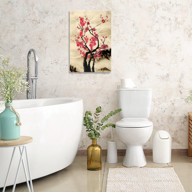 Cherry Blossom Branch Print Traditional Japanese Sakura Poster Wall Art living Room Wall Hang Flowers Canvas Decor Framed 8"X12" (12"L x 8"W / Frame-5)