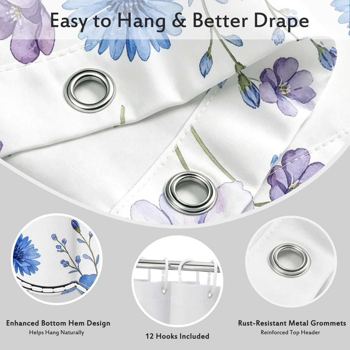 Watercolor Blue Purple Floral Shower Curtain Wildflowers Daisy Lavender Botanical Boho Modern Spring Nature Aesthetics Bathroom Decor Bathtub Curtain Fabric Shower Curtain Set with 12 Hooks (Blue Purple - Floral / 72"W x 72"L (Pack of 1))
