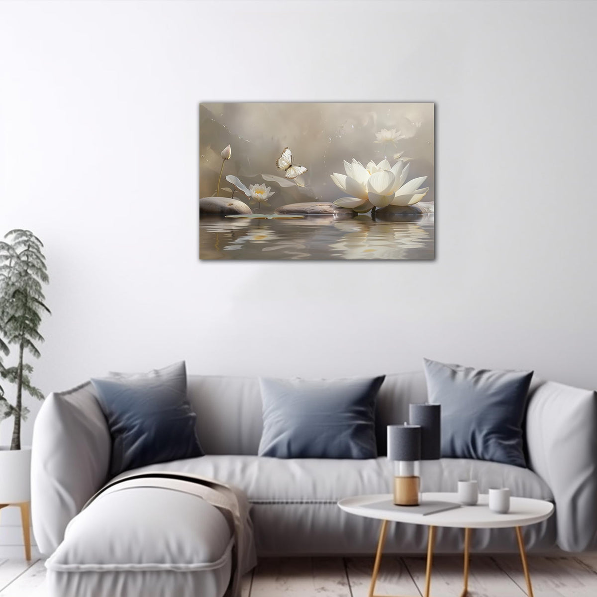 Zen Wall Art White Lotus Flower Canvas Art Print for Spa Bathroom Decor (Zen Stones Canvas Frame-18 / 36"L x 24"W)