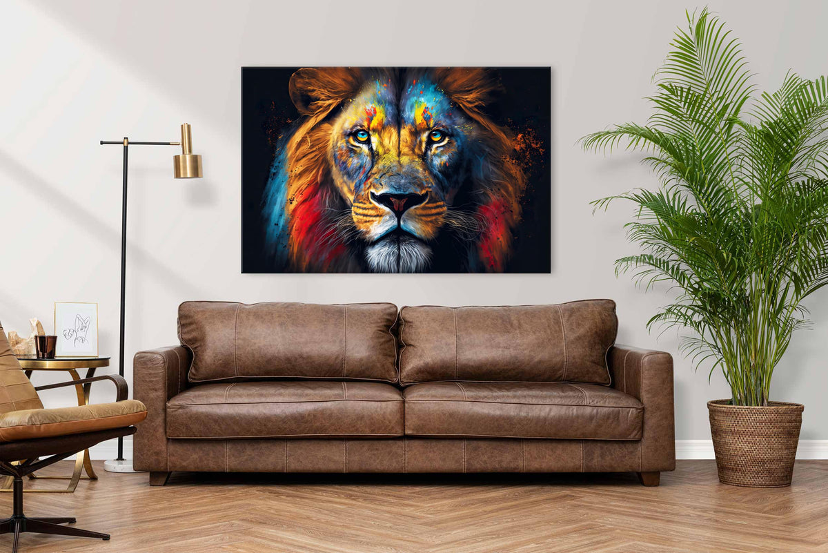 Framed Colorful Lion Wall Art Wildlife Animals Pictures Living Room Wall Decor 32x48” Abstract Graffiti Lion Portrait Jungle Painting Artwork for Boys Men Bedroom Living Room Home Decorations (48"L x 32"W / SCTYLION)