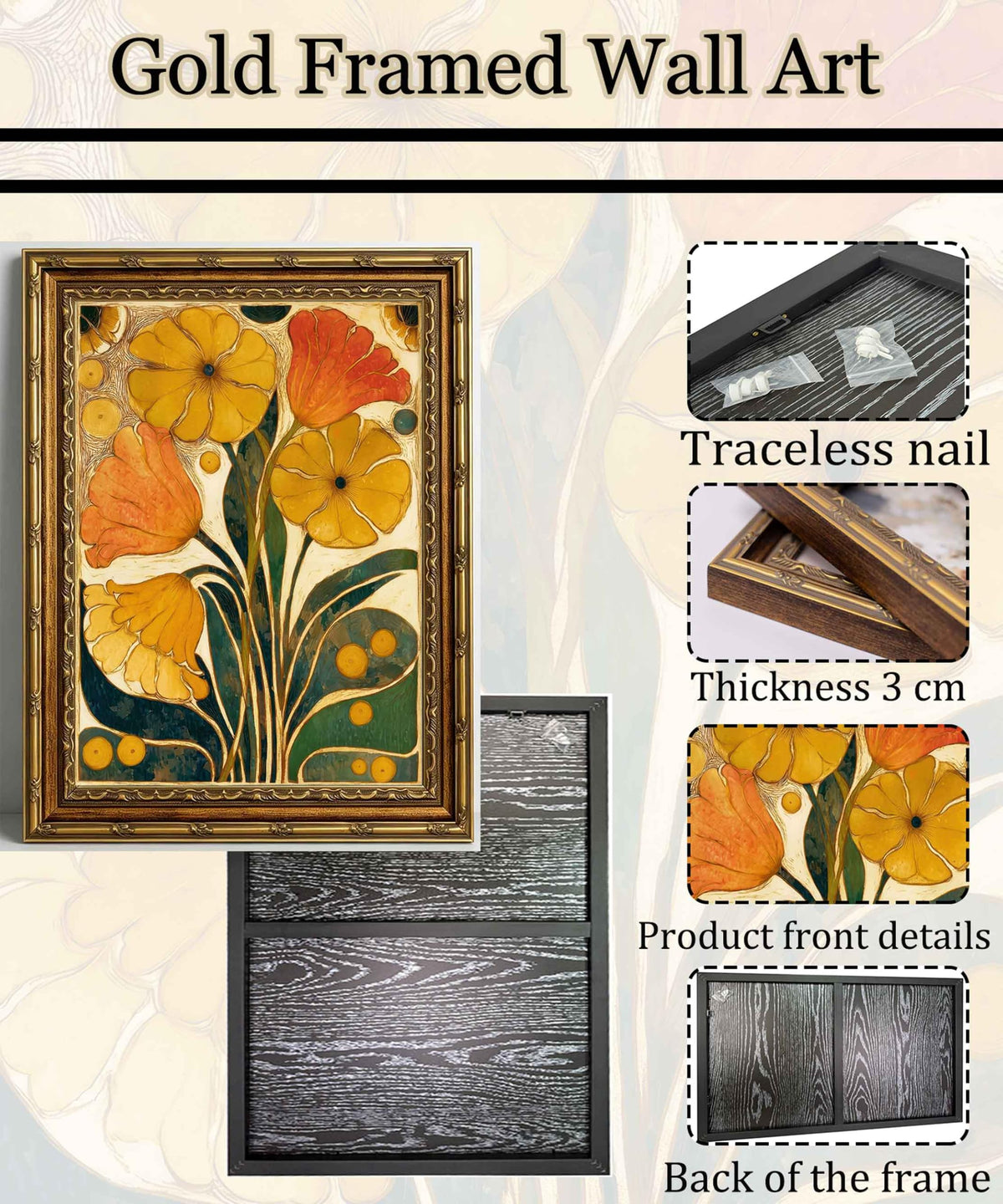 Large Abstract floral Canvas Wall Art Framed Boho Orange Flower Decor Picture Vintage Medieval Mustard Yellow Plant Bedroom Living Poster Prints for Dining Study Office Corridor Room Home Decoration (flower / 36"L x 24"W)
