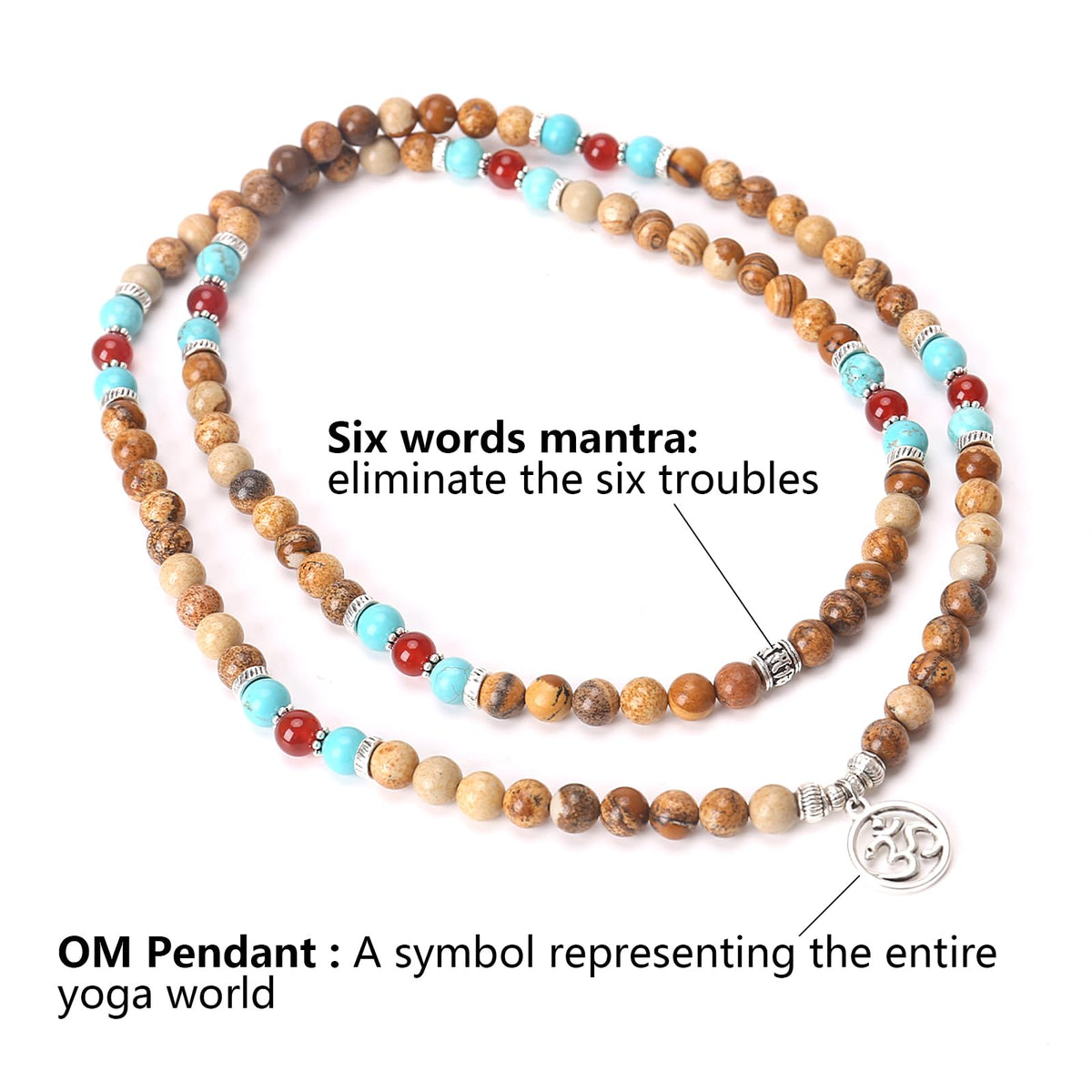 Necklace 108 Mala Beads Bracelet Buddhist Prayer Pendant Necklace (Picture Jasper)