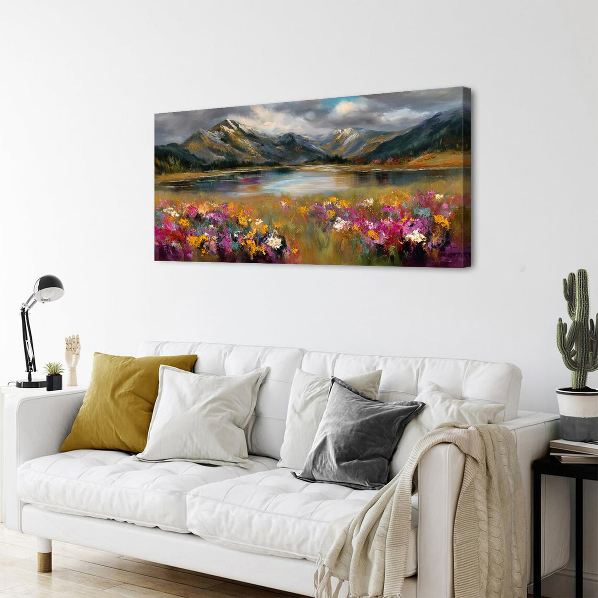 Wildflower Flower Canvas Wall Art for Living Room Nature Mountain Picture Wall Decor Colorful Daisy Poppy Painting Prints Artwork 24x48” (48"L x 24"W / Mountain Floral)