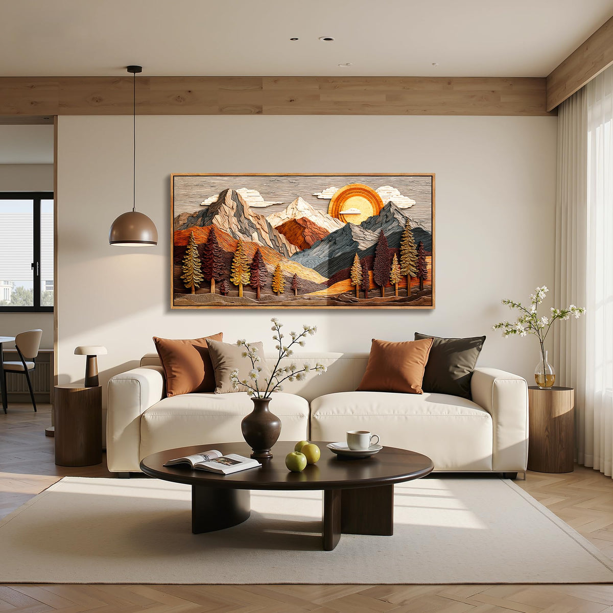 Boho Mountain Large Framed Wall Art Abstract Nature Decor Neutral (Wooden Mountain Print / 48"L x 24"W)